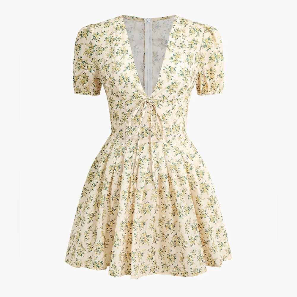 Micas Floral Print V-neck Pleated Mini Dress, Yellow, Large (D09)​​​